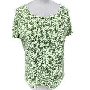 Liz‎ Claiborne Active Geometric Tee Womens XL Green Print on White 100% Cotton